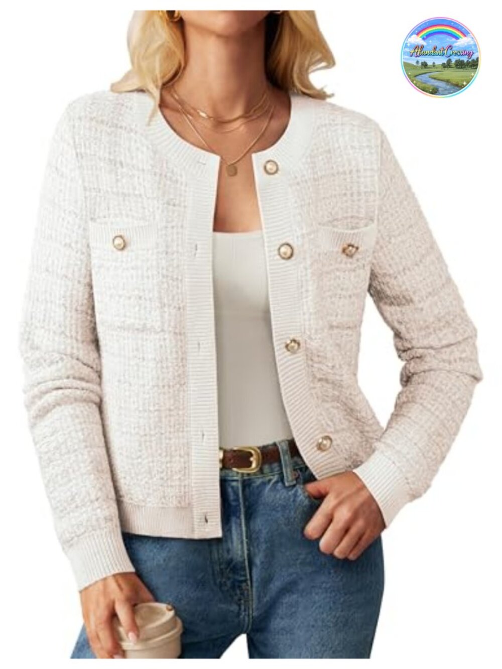 Women's Textured Knit Button Cardigan Sweater Long Sleeve Round Neck Patch